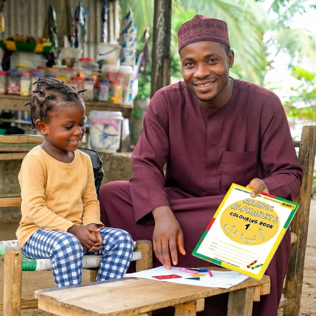Man helping his daughter colour Arabic alphabets.